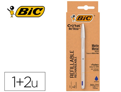[997202] BOLIGRAFO BIC CRISTAL RENEW CUERPO EN ALUMINIO MATE TINTA AZUL + 2 RECAMBIOS EN CAJA DE CARTON