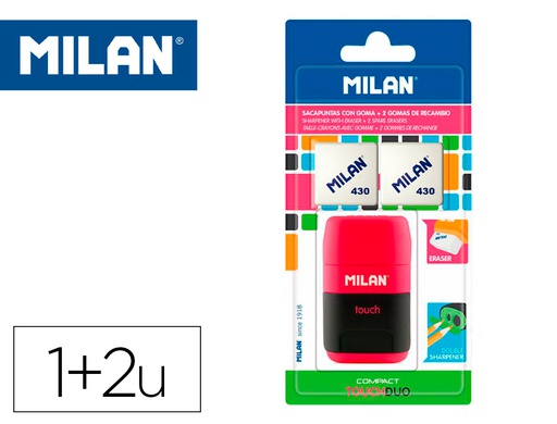 [BYM10272] SACAPUNTAS MILAN COMPACT TOUCH DUO PLASTICO 2 USOS CON GOMA + 2 RECAMBIOS DE GOMA EN BLISTER