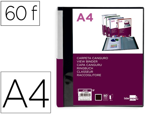 [JC22] CARPETA LIDERPAPEL 60 FUNDAS CANGURO PP DIN A4 NEGRO OPACO PORTADA Y LOMO PERSONALIZABLE