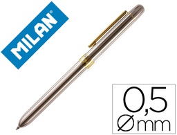 [1772601] BOLIGRAFO MILAN CROMADO ADORNOS DORADOS MULTIFUNCION AZUL/ROJO/PORTAMINAS 0,5 MM/ GOMA DE BORRAR EN CAJA METAL