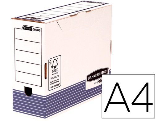 [0026501] CAJA ARCHIVO DEFINITIVO FELLOWES A4 CARTON RECICLADO 100% LOMO 100 MM MONTAJE AUTOMATICO COLOR AZUL